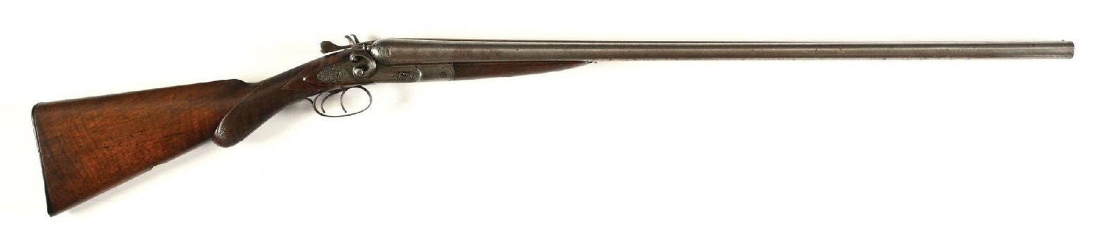 (A) W.C. SCOTT LONDON SIDE BY SIDE "BOGARDUS CLUB CUN" 12 GAUGE SHOTGUN.: Captain Adam Henry Bogardus was a world champion trap shooter and the inventor of the first practical glass ball trap. This model pays tribute to him as stamped on top of the right barrel. Shotgun fea