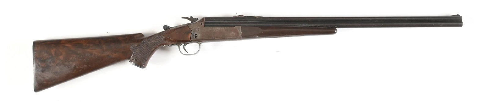 (C) STEVENS MODEL 22-410 TENITE STOCKED COMBINATION GUN.: This model was offered by Stevens from 1938 through 1950. It features the checkered brown tenite stock and forearm, stacked blued barrels with a bead on ramp front sight and a flat top sporting rear. 