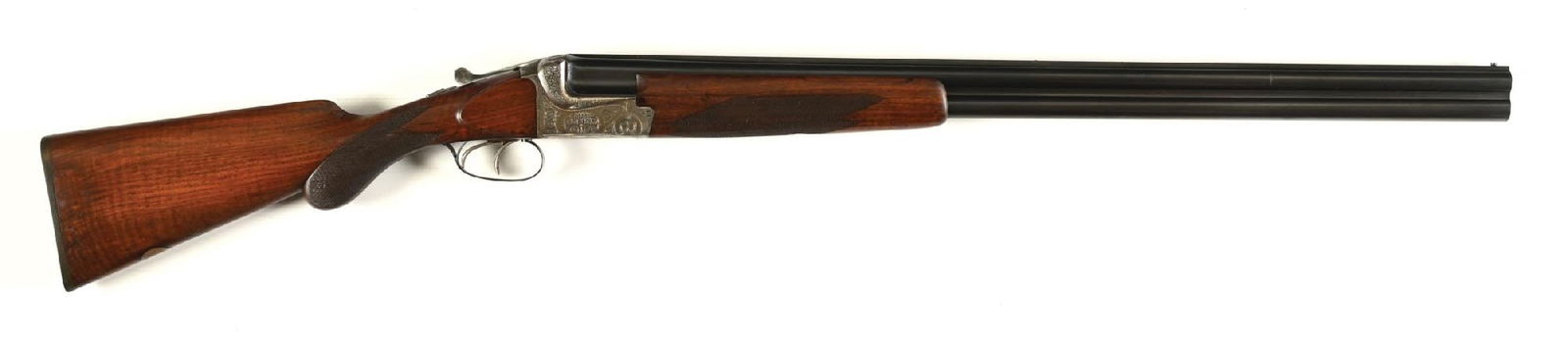 (C) ENGRAVED MERKEL OVER UNDER 12 GAUGE SHOTGUN.: Features include ivory mid bead sight, screw front sight, matted rib, checkered stock and forearm, dual triggers, non-automatic safety, ejectors, inlaid ebony insert and monogrammed namplate in belly