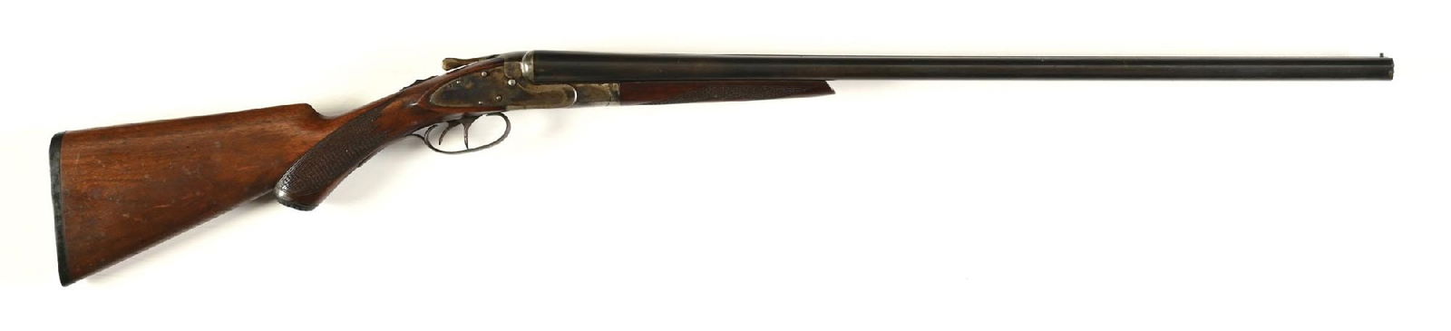 (C) IVER JOHNSON KNOX - ALL HAMMERLESS SIDE BY SIDE DOUBLE BARREL SHOTGUN.: While Iver Johnson never built guns in Boston, they had an office and store there while their guns were made near by. This hammerless side plated double features a case color frame, blued barrels with