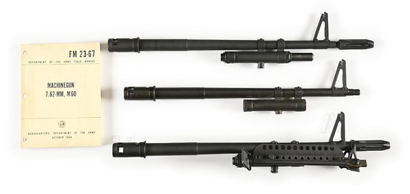 LOT OF 3 HIGH CONDITION BARRELS AND ARMY FIELD MANUAL FOR THE M-60 MACHINE GUN.