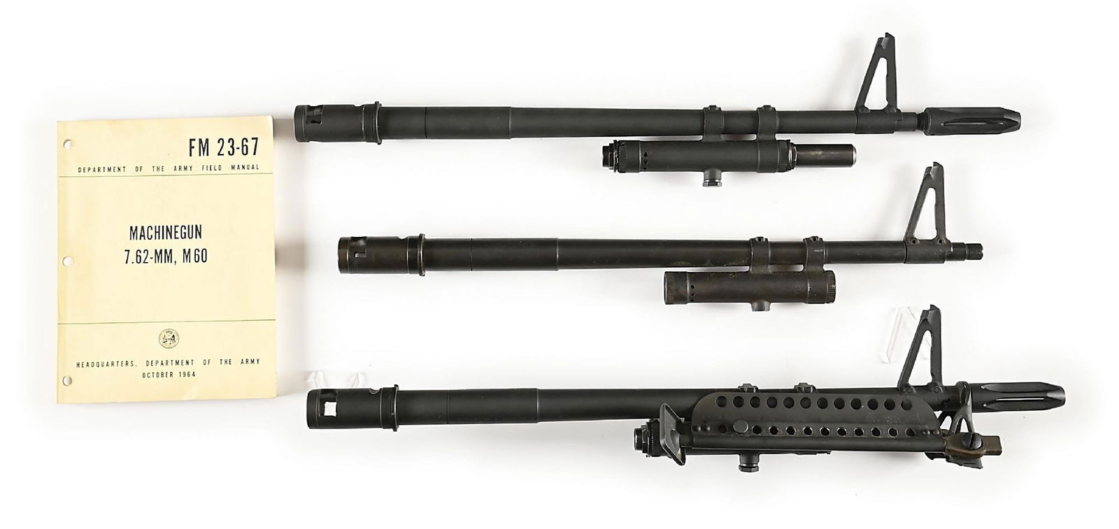 LOT OF 3 HIGH CONDITION BARRELS AND ARMY FIELD MANUAL FOR THE M-60 MACHINE GUN. (1 of 2)