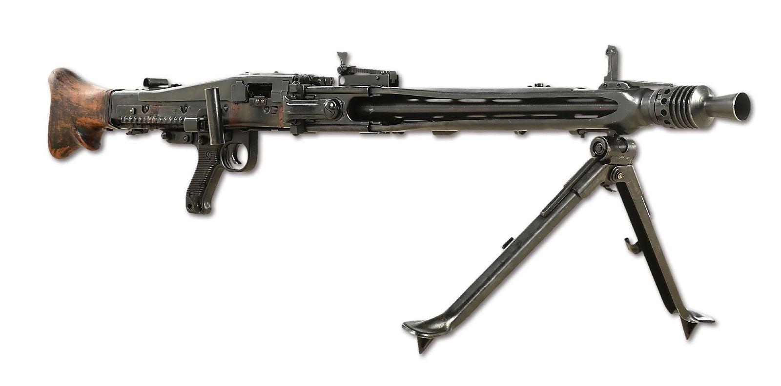 DISPLAY DUMMY GUN GERMAN MG42 MACHINE GUN WITH AA TRIPOD.: Very nice display piece of the iconic German "Hitler's Buzzsaw" MG-42 machine gun of World War II. This display piece comes with a post-war MG-3 AA tripod and was constructed of multiple cut parts fro