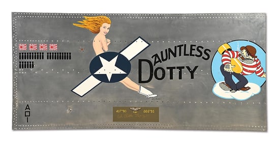 WORLD WAR II B-29 AIRCRAFT SKIN "DAUNTLESS DOTTY" PAINTED BY AIRCRAFT NOSE ARTIST GARY VELASCO.