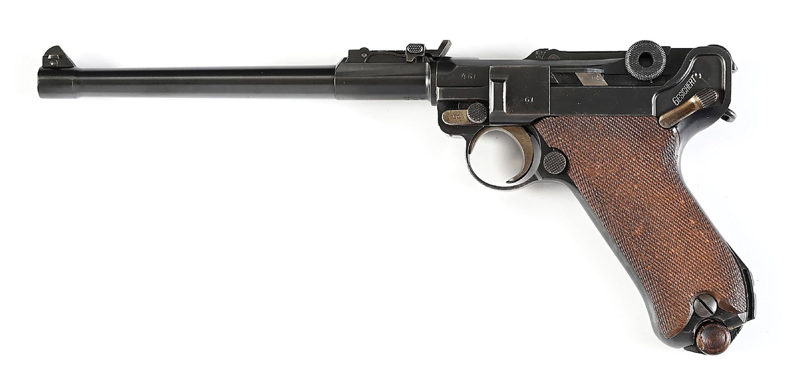 (C) DWM LP-08 ARTILLERY LUGER SEMI-AUTOMATIC PISTOL WITH HOLSTER AND DRUM.: DWM in script over the chamber with a date of 1918 over the chamber. Fine tune front sight and a tangent rear sight. All matching numbers on the gun except the magazine and stock iron. The magazine is