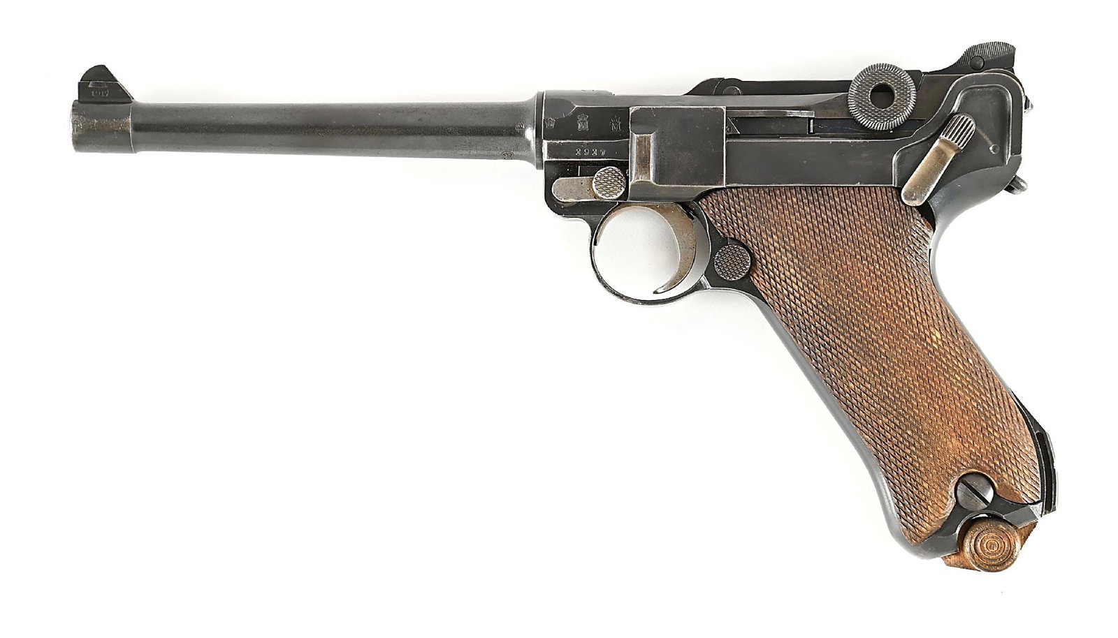 (C) 1917 DWM MODEL 1914 NAVY LUGER SEMI-AUTOMATIC PISTOL.: DWM in script on the front toggle link and dated 1917 over the chamber, on the left side of the frame and the left side of the front sight base. Two position rear sight on the rear toggle link. Large 