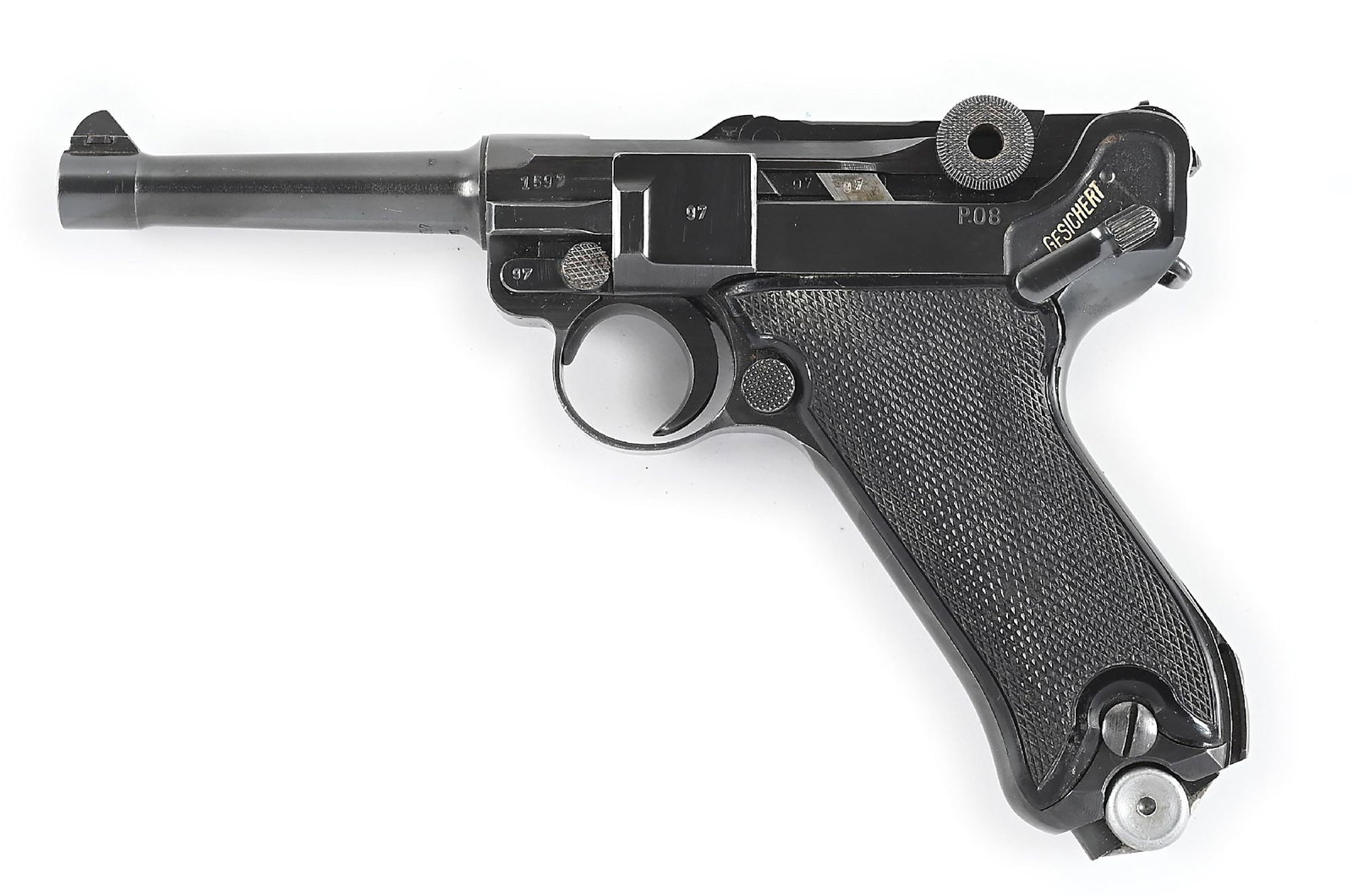 (C) MAUSER BYF 41 P.08 BLACK WIDOW LUGER SEMI-AUTOMATIC PISTOL WITH 2 MATCHING MAGAZINES AND CAPTURE: byf on the front toggle link and dated 41 over the chamber. All matching serial numbers to include the two original FXO magazines with numbered aluminum bottoms. This gun also comes with an original s