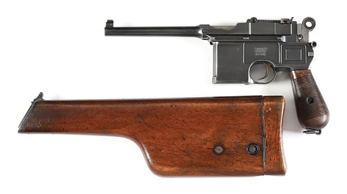 (C) LARGE RING VL&D RETAILER C96 BROOMHANDLE MAUSER SEMI-AUTOMATIC PISTOL WITH STOCK HOLSTER.