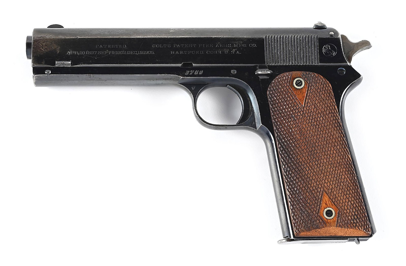 (C) FINE CONDITION COLT MODEL 1905 SEMI-AUTOMATIC PISTOL.: Dates to 1909. The precursor to the Model 1911 .45, this gun was manufactured from 1905 through 1911. It is estimated that approximately 6,100 were ever manufactured. The dovetailed slide wedge is bas