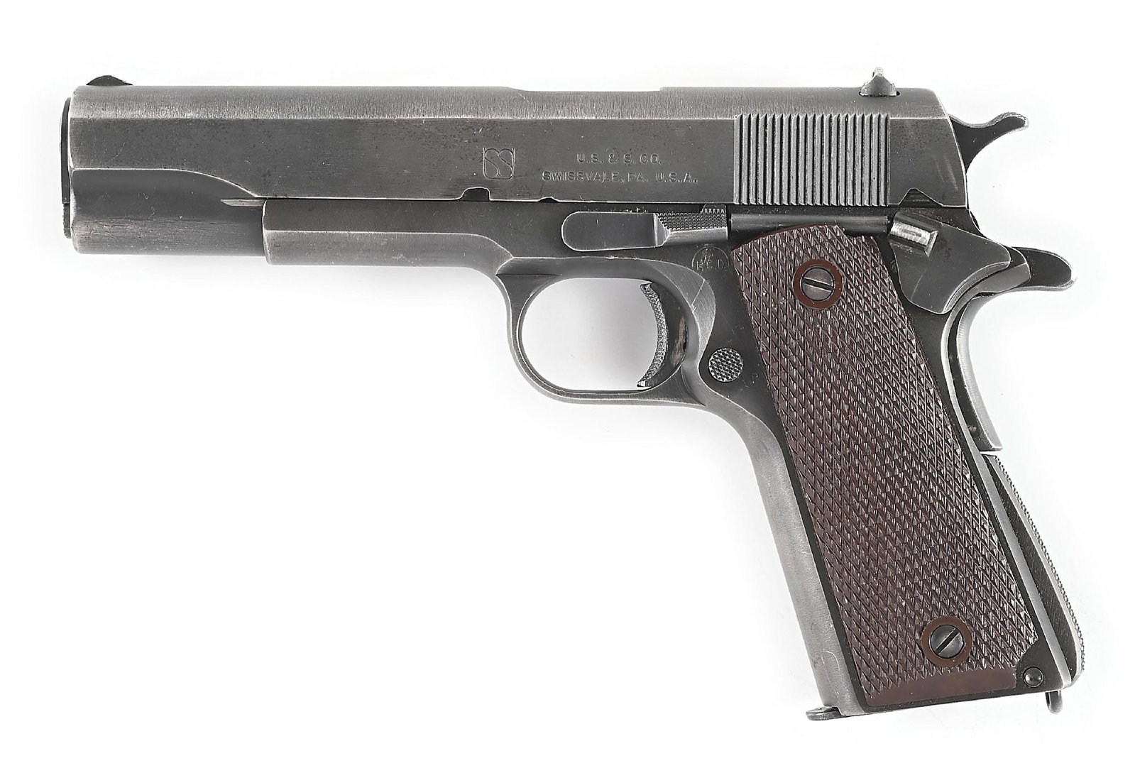(C) UNION SWITCH AND SIGNAL 1911A1 .45 ACP SEMI-AUTOMATIC PISTOL.: Manufactured 1943. Serrated slope front sight, square notch flat top rear sight with "P" ahead of sight. Left side with intertwined US&S logo and two line address. Barrel marked "S" and "P" on left lu