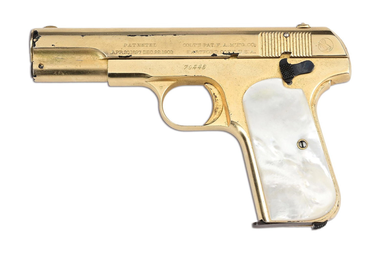 (C) JOHN F. KENNEDY ATTRIBUTED COLT MODEL 1903 POCKET HAMMERLESS SEMI-AUTOMATIC PISTOL.: Beyond his iconic and groundbreaking Presidency, John F. Kennedy was a sportsman and firearms enthusiast, maintaining a sizable collection as well as a membership to the National Rifle Association. It