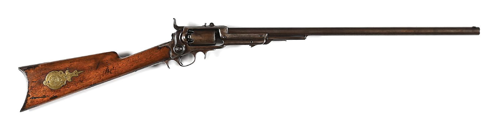 (A) FIRST MODEL COLT MODEL 1855 ROOT SIDEHAMMER PERCUSSION REVOLVING SPORTING RIFLE.: Approximately 1,000 of these sporting rifles were made by Colt circa 1856 to 1859. This example is fitted with an unusual 25" round barrel with reapplied one line "COLT'S PT. / 1856 / ADDRESS COL. COL