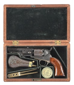 (A) ENGRAVED COLT 1849 POCKET PERCUSSION REVOLVER WITH CASE.