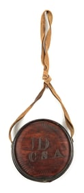 CARVED CIVIL WAR CONFEDERATE CEDAR CANTEEN WITH ORIGINAL STRAP.