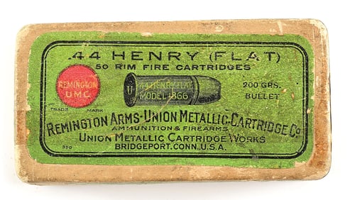 FULL REMINGTON UMC BOX OF .44 HENRY FLAT RIM FIRE AMMUNITION.