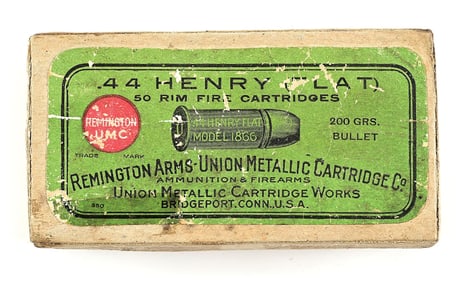 FULL REMINGTON UMC BOX OF .44 HENRY FLAT RIM FIRE AMMUNITION.