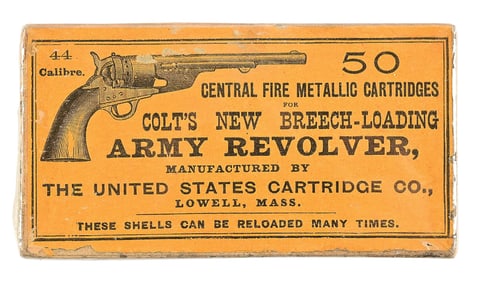 RARE SEALED FULL PICTURE BOX OF .44 CENTER FIRE FOR 1860 COLT CONVERSION MADE BY UNITED STATES