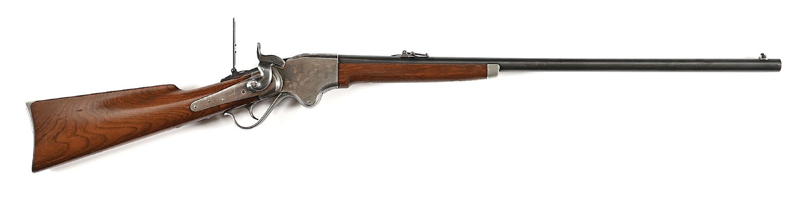 (A) SCARCE HIGH CONDITION SPENCER MODEL 1860 LEVER ACTION SPORTING RIFLE: It is estimated that maybe 1800 Spencer sporting rifles were produced in an attempt to revive their business when demand for military examples waned. Built on an original case color 1860 Spencer frame