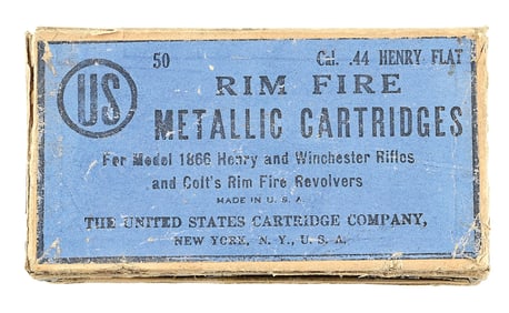 FULL 50 ROUND BOX OF .44 HENRY FLATS FROM THE UNITED STATES CARTRIDGE COMPANY