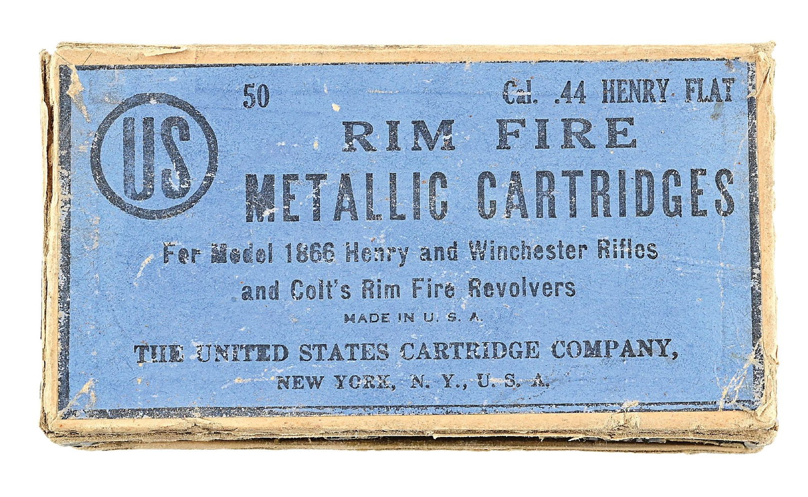 FULL 50 ROUND BOX OF .44 HENRY FLATS FROM THE UNITED STATES CARTRIDGE COMPANY: This early box contains 50 matching rounds of Henry flat rimfire cartridges all with matching US head stamps. The blue label is hinged on back and states "For Model 1866 Henry and Winchester rifles an
