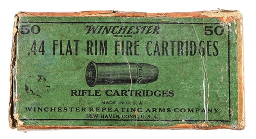 FULL 50 ROUND BOX OF .44 HENRY FLAT FROM THE WINCHESTER REPEATING ARMS COMPANY.