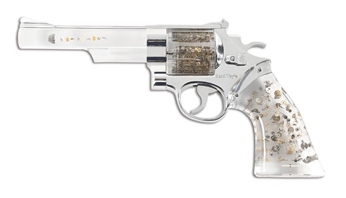 BERD VAYE LUCITE SCULPTURE OF A REVOLVER IN A CASE.