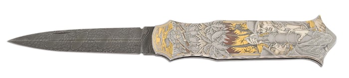 TOM OVEREYNDER WWII THEMED CUSTOM DOUBLE POCKET LOCKET KNIFE.