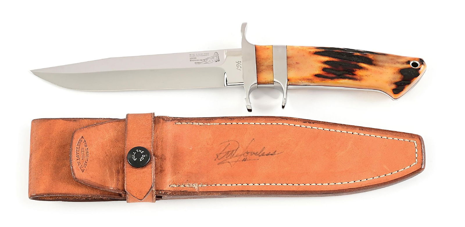 BOB LOVELESS CUSTOM DOUBLE NUDE LOGO AMBER STAG JUNIOR BEAR SUBHILT FIGHTER.: An excellent example of one of Bob Loveless' custom "Junior Bear" subhilt fighters. This Junior Bear subhilt fighter has everything a Loveless collector looks for in a Bob Loveless knife. The knife fe
