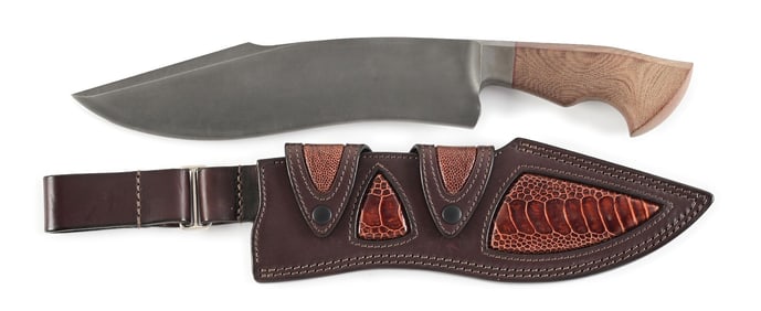 LARGE JASON KNIGHT CHOPPER WITH CUSTOM LEATHER SCABBARD.