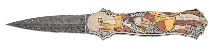 JOE KIOUS SPARTAN DOUBLE POCKET LOCKET AUTOMATIC FRONT LOCK KNIFE ENGRAVED BY RON SKAGGS.