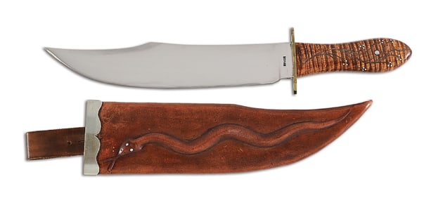 LARGE BILL MORAN BOWIE KNIFE WITH PRONOUNCED CLIP POINT BLADE.