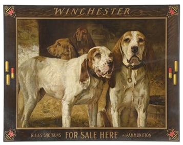 FINE AND RARE CIRCA 1907 WINCHESTER BEAR DOGS PERIOD LITHOGRAPH ADVERTISEMENT.