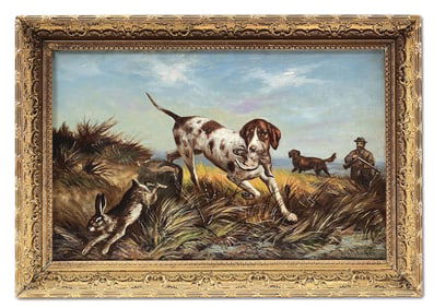 ADM COOPER PAINTING OF A HUNTER AND HIS DOGS AFIELD.