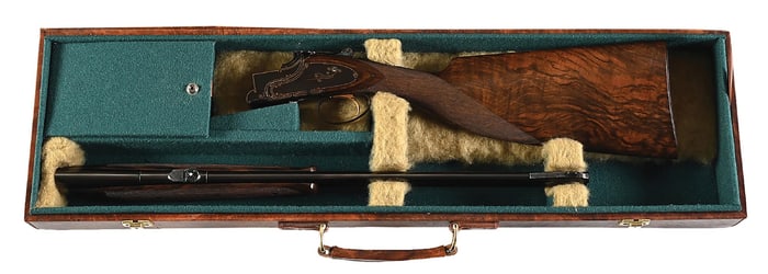 (M) FINE AND RARE GOLD INLAID BELGIAN BROWNING EXPRESS 25 SUPERPOSED DOUBLE RIFLE IN .270