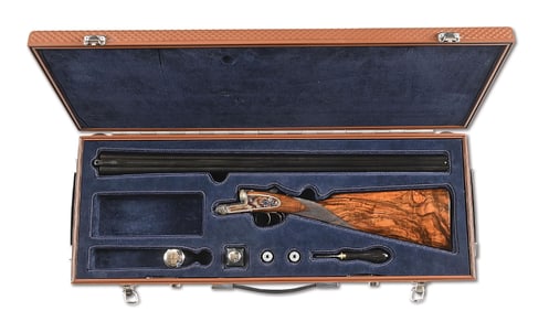 (M) MAX ERN 20 BORE SIDE BY SIDE SLE SHOTGUN WITH CASE.