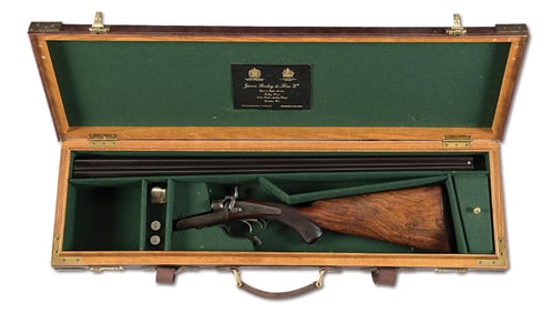 (A) JAMES PURDEY SIDE BY SIDE 28 BORE HAMMER GUN.