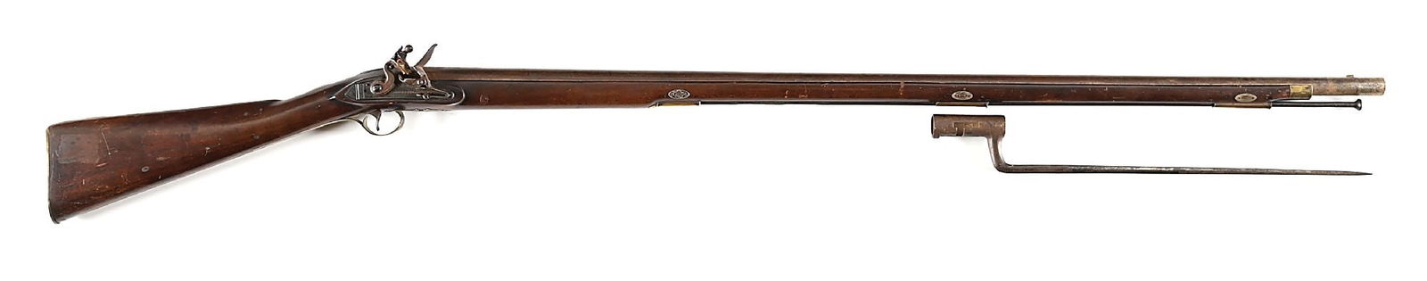 (A) NEW ENGLAND MILITIA OFFICER'S FLINTLOCK FUSIL BY J. RIDOUT & CO WITH BAYONET.: This interesting fusil is built with a lightened US 1816 musket barrel, the breech dated "1822" with sunken eagle head and intaglio "P" proofs. Reconverted flintlock with engraved, stepped plate marke