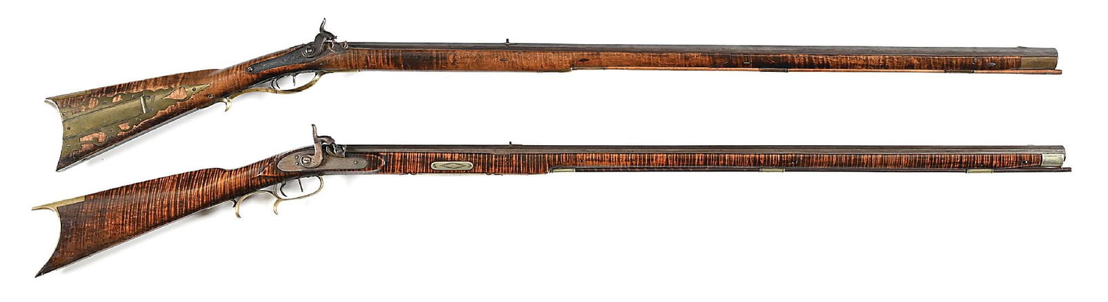 (A) LOT OF 2: WESTERN PENNSYLVANIA ATTIBUTED MID 19TH CENTURY PERCUSSION KENTUCKY RIFLES.: Lot consists of: (A) The engraved back action locked is engraved T. Martin. There was a Thompson Martin who worked in Elizabeth, PA. from 1839 through 1861. The 40" octagon barrel is not maker marked.