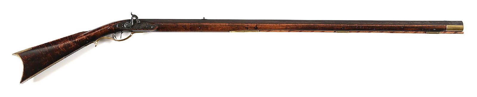 (A) JOHN BORDER SIGNED BEDFORD COUNTY PERCUSSION KENTUCKY RIFLE.: John Border was a maker of percussion full-stocked rifles between 1856 and 1864 in Bedford, Bedford County, Pennsylvania. Heavy rifled octagon barrel. Classic Bedford county lockplate inscribed "J B"