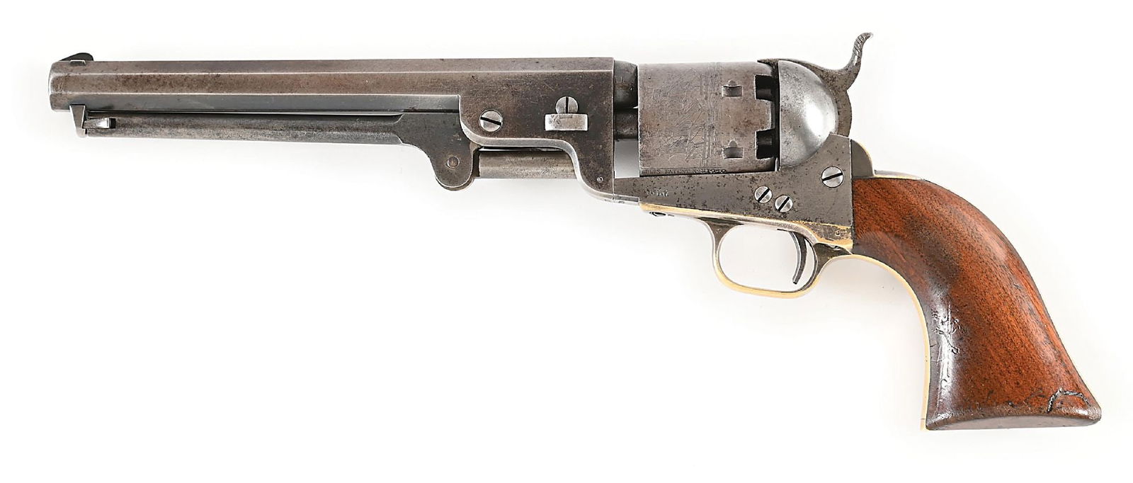 (A) COLT MODEL 1851 NAVY PERCUSSION REVOLVER.: This early revolver dates to 1853. This is a commercial 3rd model with the small brass silver plated trigger guard and back strap, full octagon barrel with dove tailed front sight bearing the one line