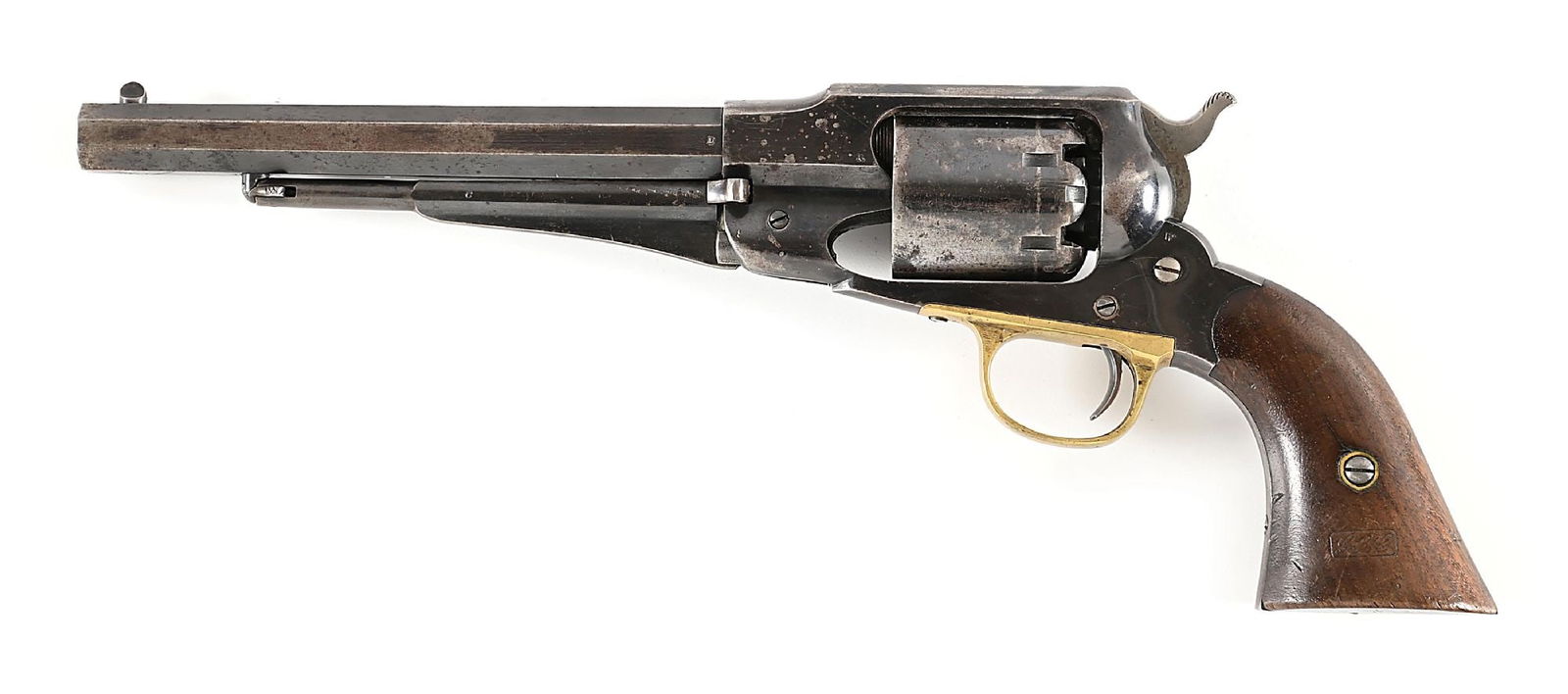 (A) MARTIAL REMINGTON NEW MODEL 1858 ARMY PERCUSSION REVOLVER.: Initially, government orders were not robust as this was a secondary martial but after the 1864 Colt fire, the U.S. government significantly increased its orders for the Remington revolvers. This mart