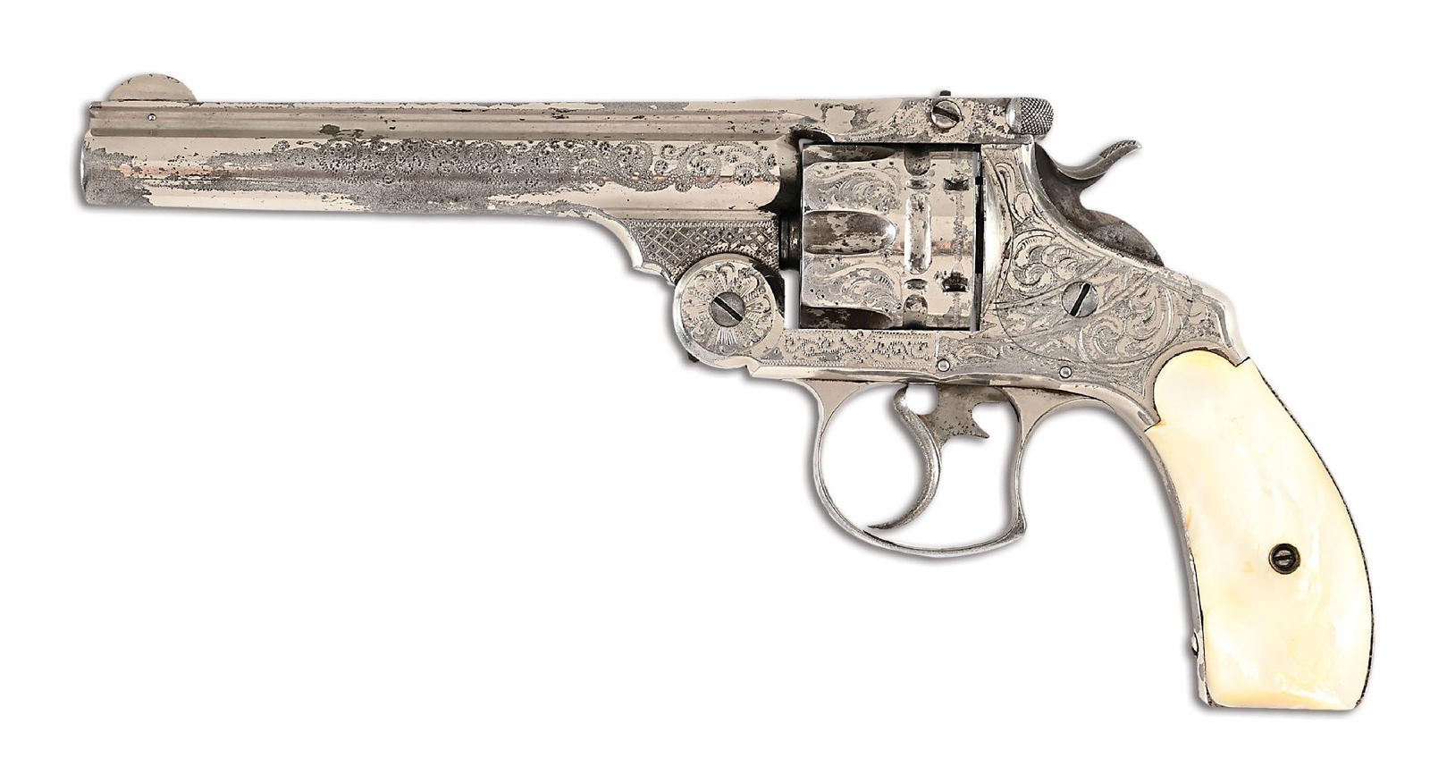 (A) NIMSCHKE-STYLE ENGRAVED SMITH & WESSON NEW MODEL 3 NAVY DOUBLE ACTION REVOVLER: Probably circa from the 1881-1882 period. Features nearly full coverage of Nimschke-style bank note scroll type with variously styled borders, nickel finish, case color hammer and trigger, and mother
