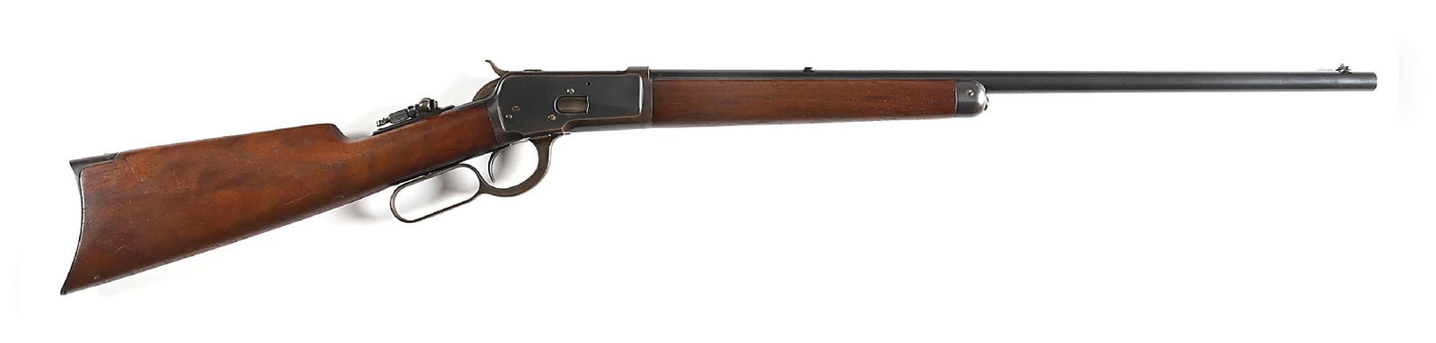 (C) WINCHESTER MODEL 1892 LEVER ACTION RIFLE.: Manufactured circa 1904. Round barrel with Beech front sight, the globe absent. Rear sight seat has a blank installed and a Marbles folding sight mounted to the receiver tang. Button Magazine. Blued r