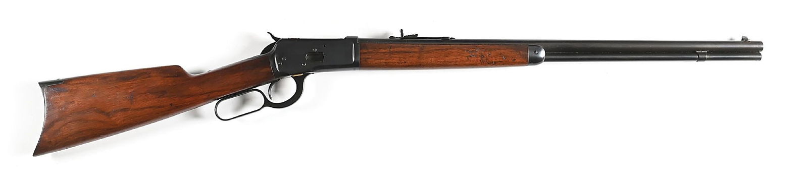 (C) WINCHESTER MODEL 92 LEVER ACTION RIFLE (1929).: Dates to 1929. This late gun features the full round barrel and tube, dovetailed front sight, a 1927 patent date semi-buckhorn rear sight, blue finish, and walnut stock with rifle buttplate and matchi