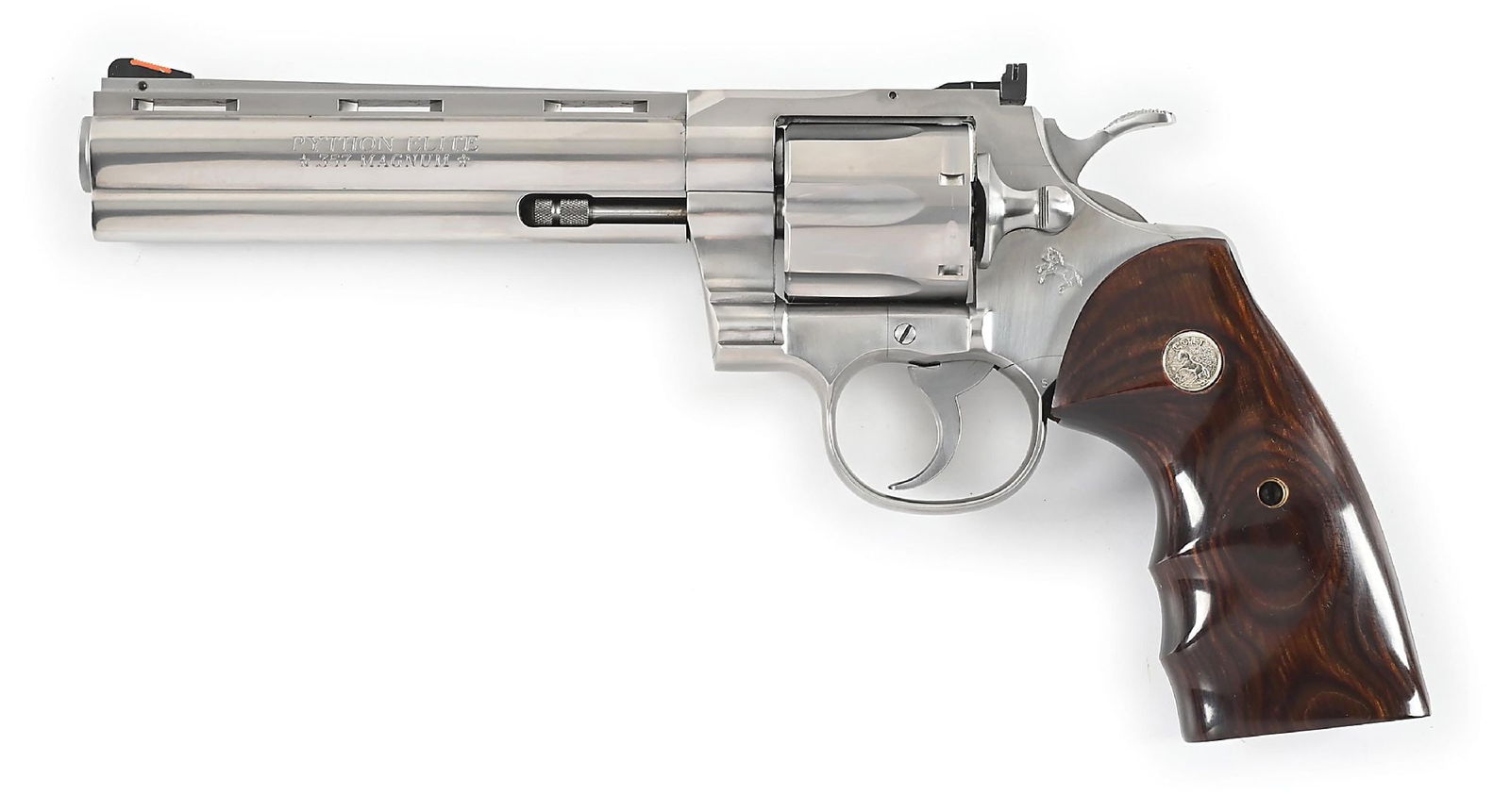 (M) COLT PYTHON ELITE DOUBLE ACTION REVOLVER WITH CASE.: Introduced in 1997, completely built and finished in the custom gun shop. It was a custom order only model with production ceasing in 2004. This hand built version is constructed and finished in brush