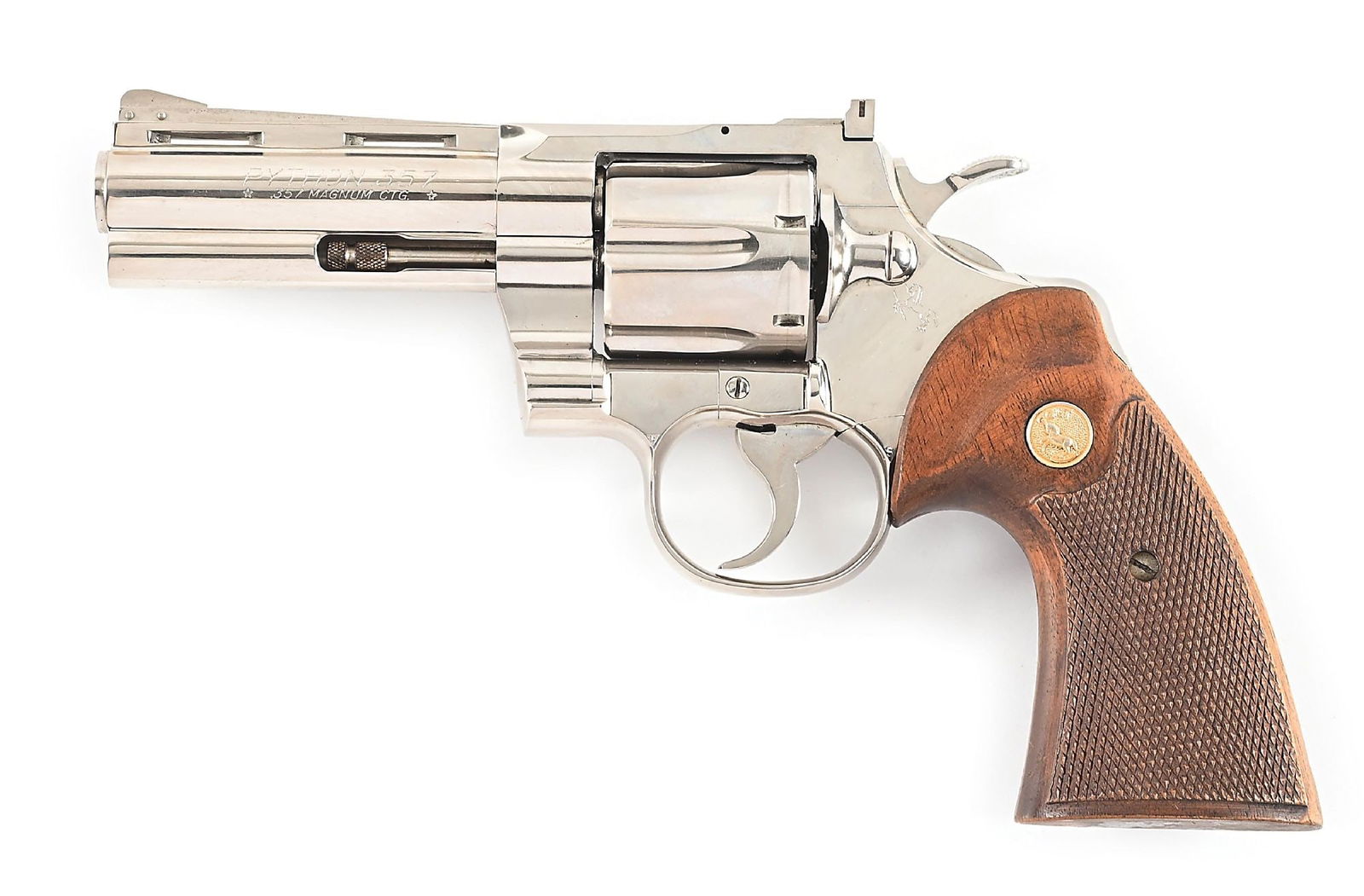 (C) EARLY 1966 COLT FACTORY NICKEL PYTHON DOUBLE ACTION REVOLVER.: Due to the back log of orders for Pythons, Colt did not catalog a nickel version until 1963. This is a full factory nickel plate including the wide target hammer and the matte nickel finish on top str