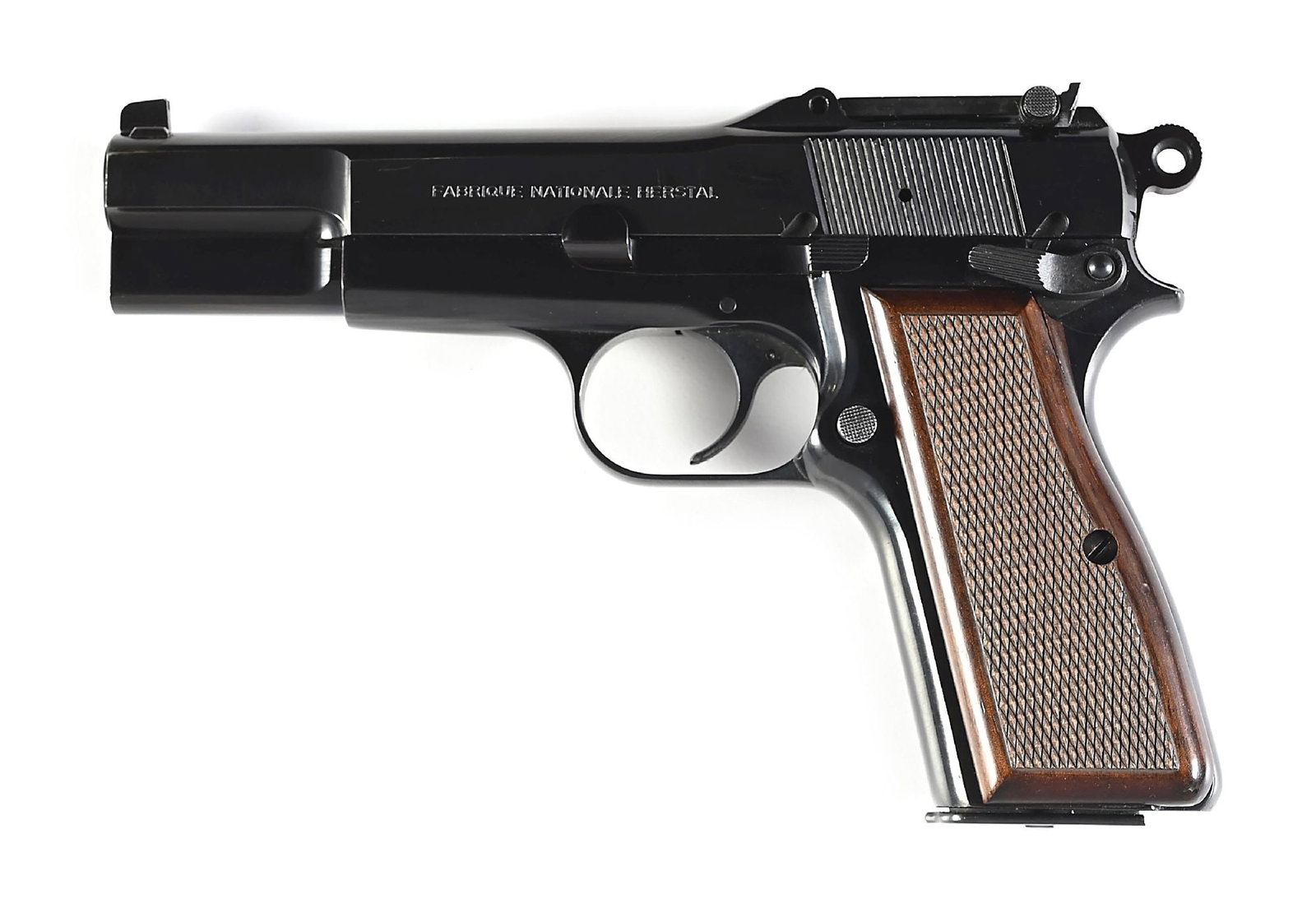(M) FN BROWNING HI POWER CAPITAN SEMI-AUTOMATIC PISTOL WITH TANGENT SIGHT AND STOCK SLOT.: Manufactured in Belgium in 1994. Full high polish blue. Heavy dovetailed front sight and 50-500 meter rear tangent sight. Ring hammer. Frame is slotted for a stock and mounted with 2-piece checkered w