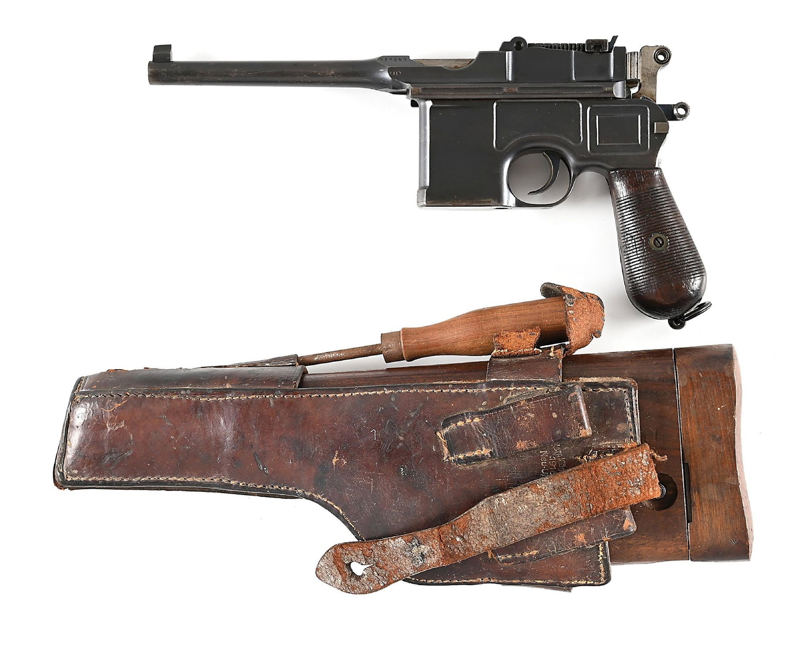(C) MAUSER C96 SEMI-AUTOMATIC PRE-WAR COMMERCIAL PISTOL WITH STOCK & HOLSTER.: This pistol dates between 1911-1915. Standard features include the blue finish, 1000 meter adjustable rear sight, integral front sight, and Mauser legend on receiver bridge and right side of frame. Fi