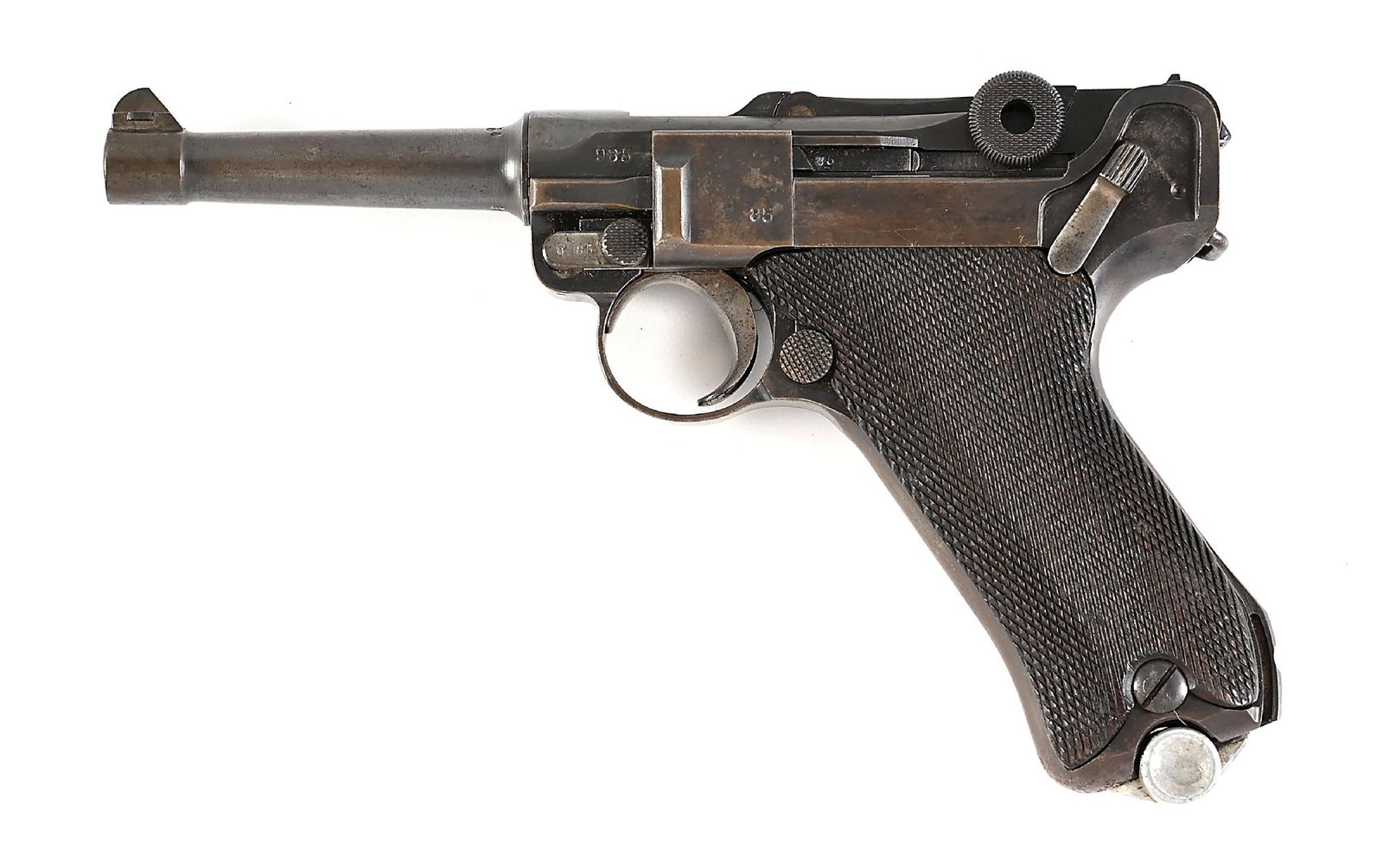 (C) SIMSON & CO. P.08 LUGER SEMI-AUTOMATIC PISTOL.: Simson & Co. / Suhl On the front toggle link. Inverted V front sight and a V notch rear sight. Two piece checkered wood grips. All matching numbers except the magazine. Simson aluminum bottom magazine