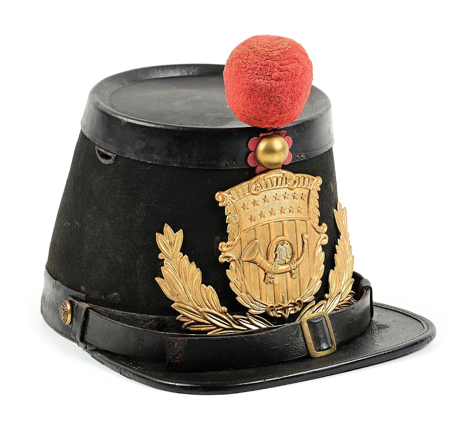 PATTERN 1859 USMC CIVIL WAR ENLISTED SHAKO: Original and complete Pattern 1859 enlisted USMC shako. At the start of the Civil War in 1861, the U.S. Marine Corps had 48 officers and 2,338 enlisted men, growing to nearly 5,000 total by the end of